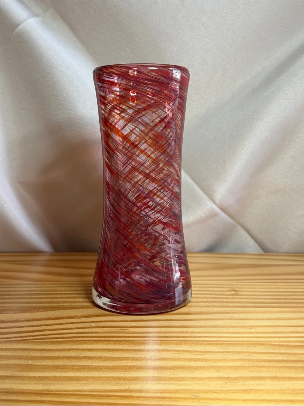 Vintage Studio Art Glass Flared Vase Red Orange Purple Woven Swirl 7.5